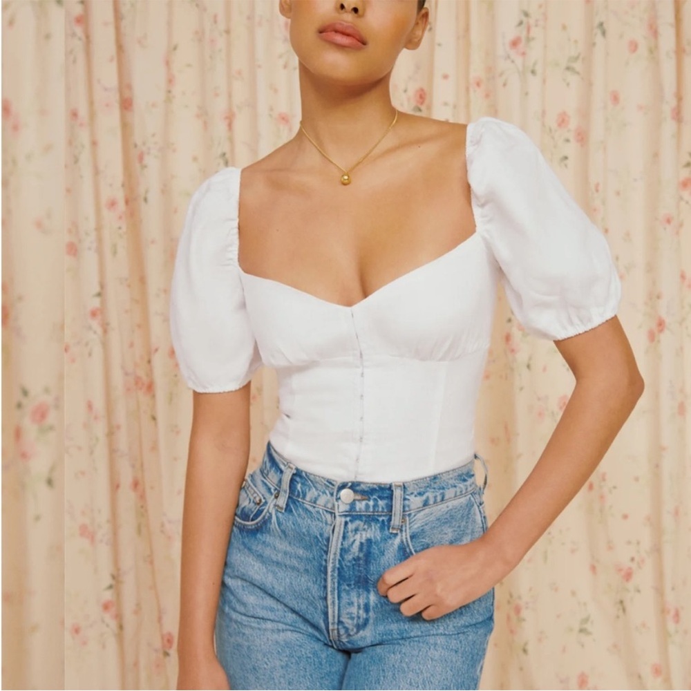 Reformation White Puff Sleeve Corset Top